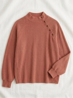Brea Canyon Coral Ribbed Knit Sweater Large Mock Neck Button Detail Pullover